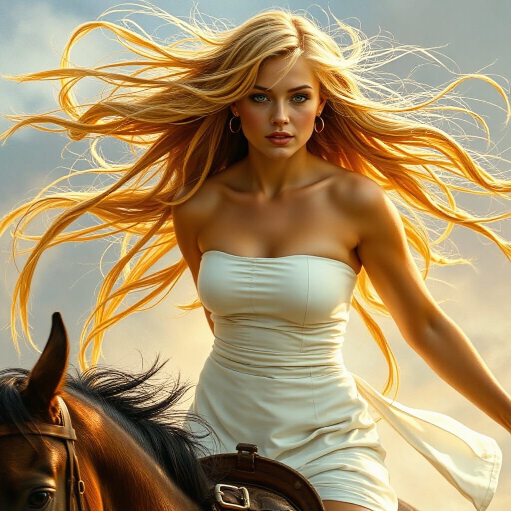 Woman Galloping on Horse in Hyperrealistic Style