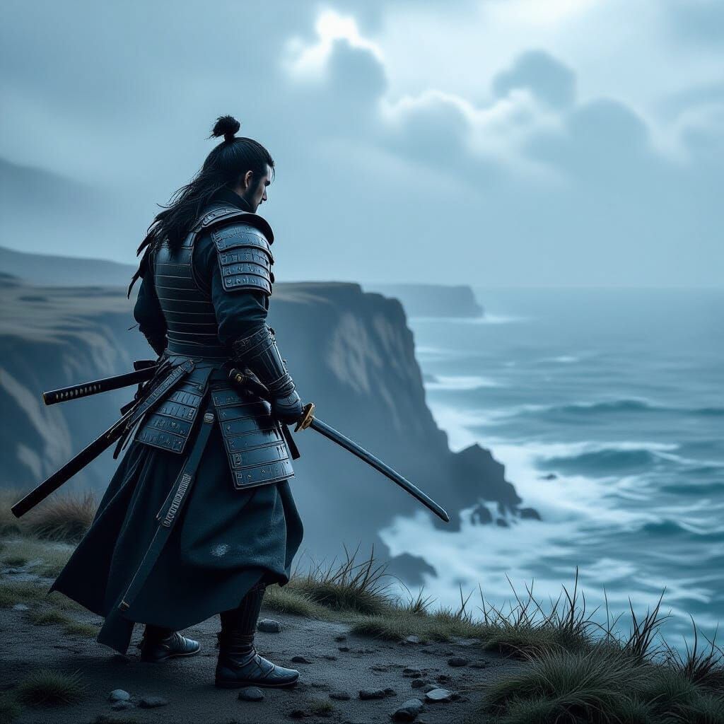 Samurai Warrior on Cliff Overlooking Stormy Sea