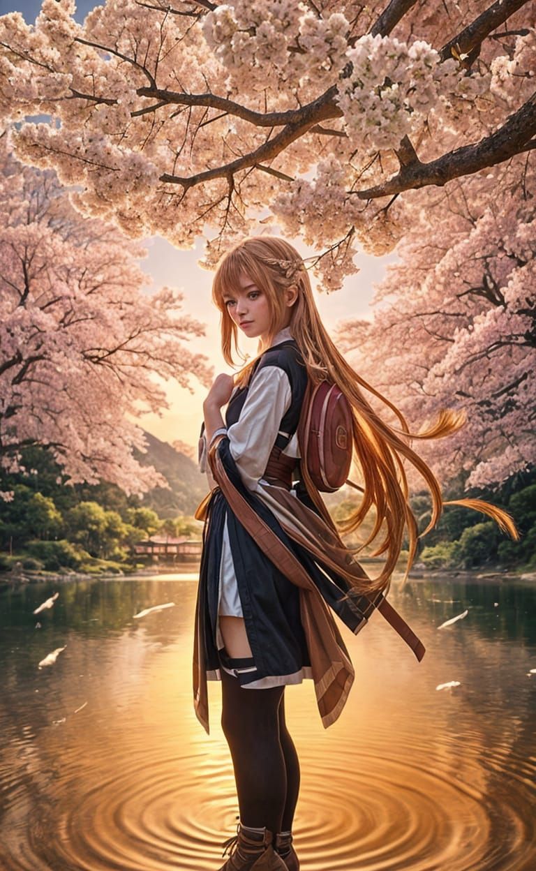 Anime Girl at Lake with Sakura Tree
