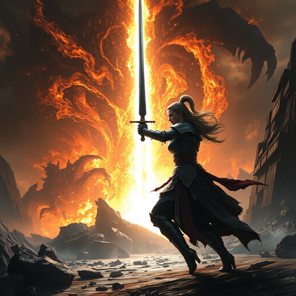 Dark Fantasy Female Warrior Battles Maelstrom of Fire and Sh...