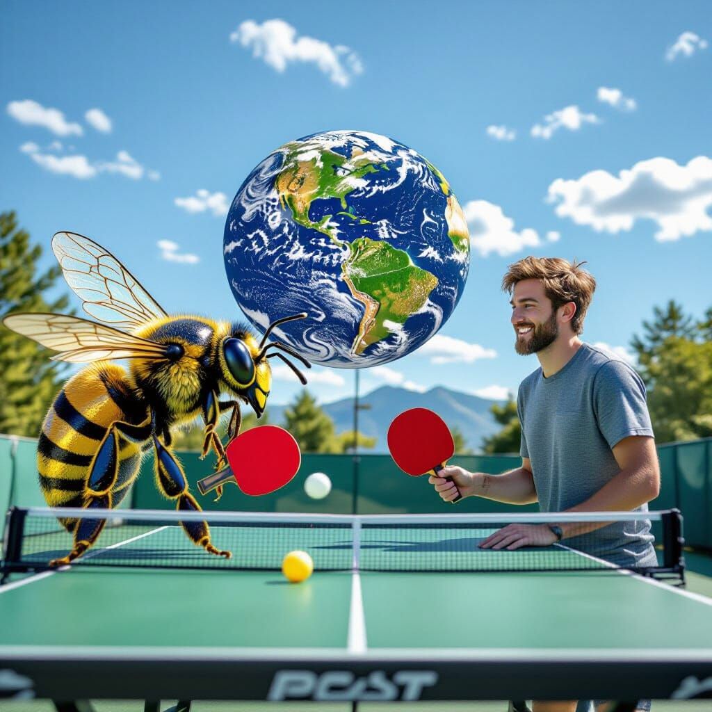 Gigantic Bee Plays Ping Pong with Person