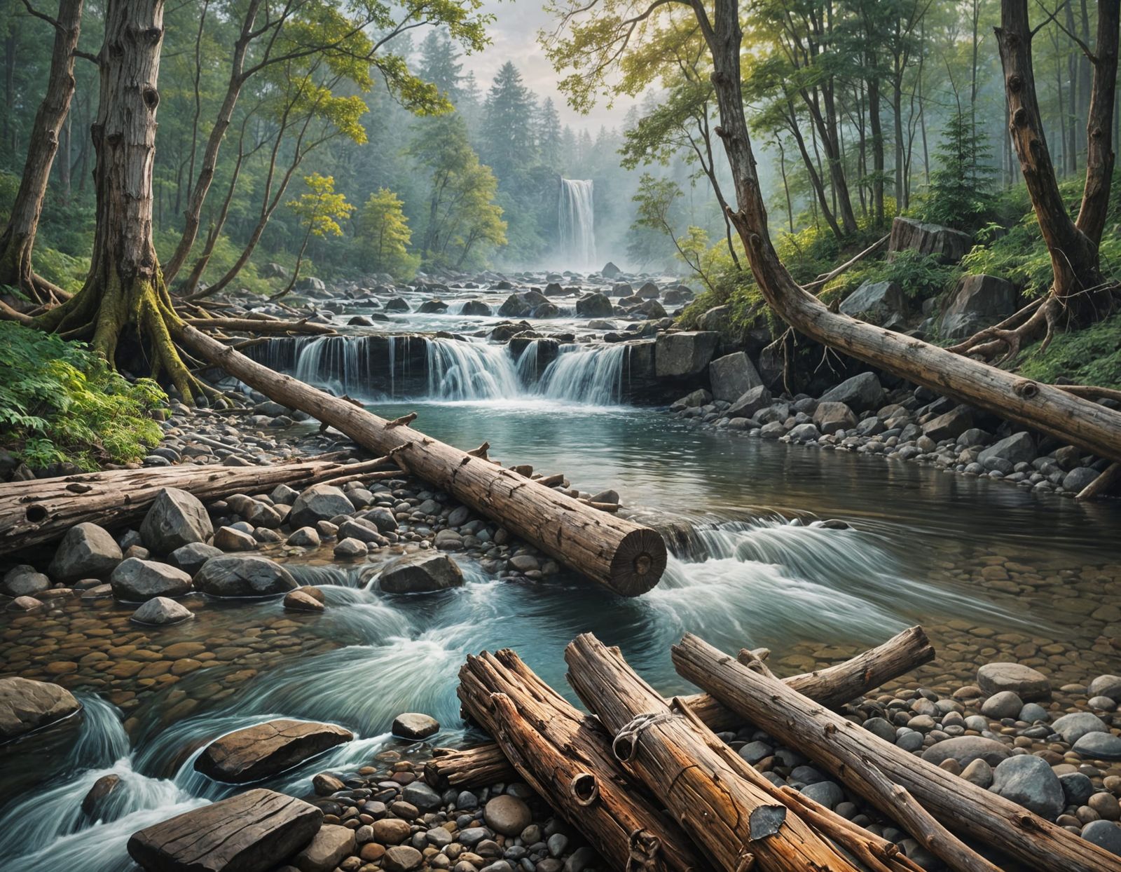 Waterfall Cascading from Tree Trunks in 3D Landscape