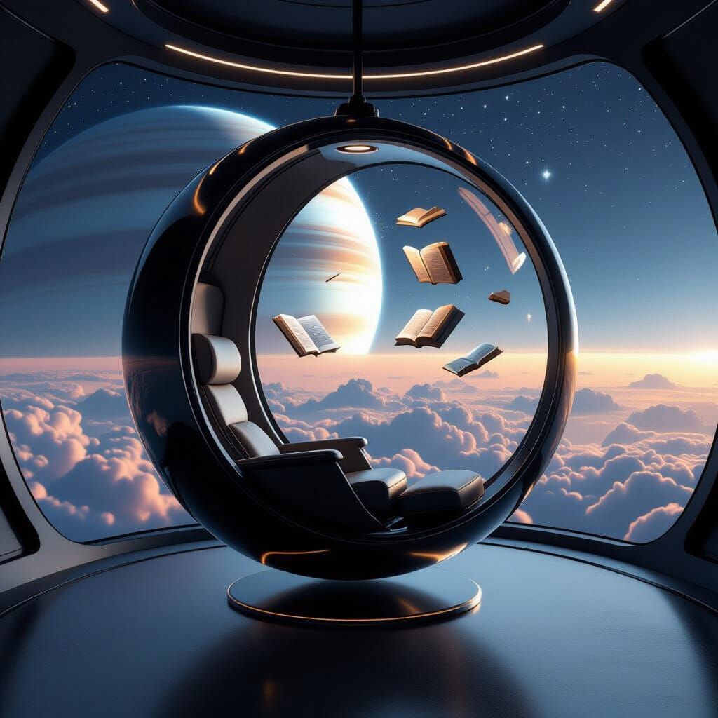 Orbital Reading Pod: Hyperrealistic Sci-Fi Art
