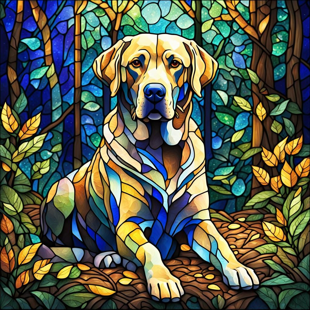Stained Glass Labrador Retriever in Mystical Forest