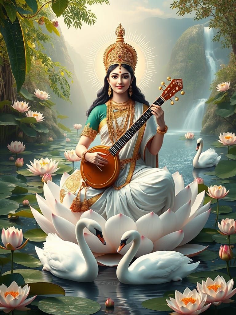 Goddess Saraswati in Enchanting Garden with White Lotus and...