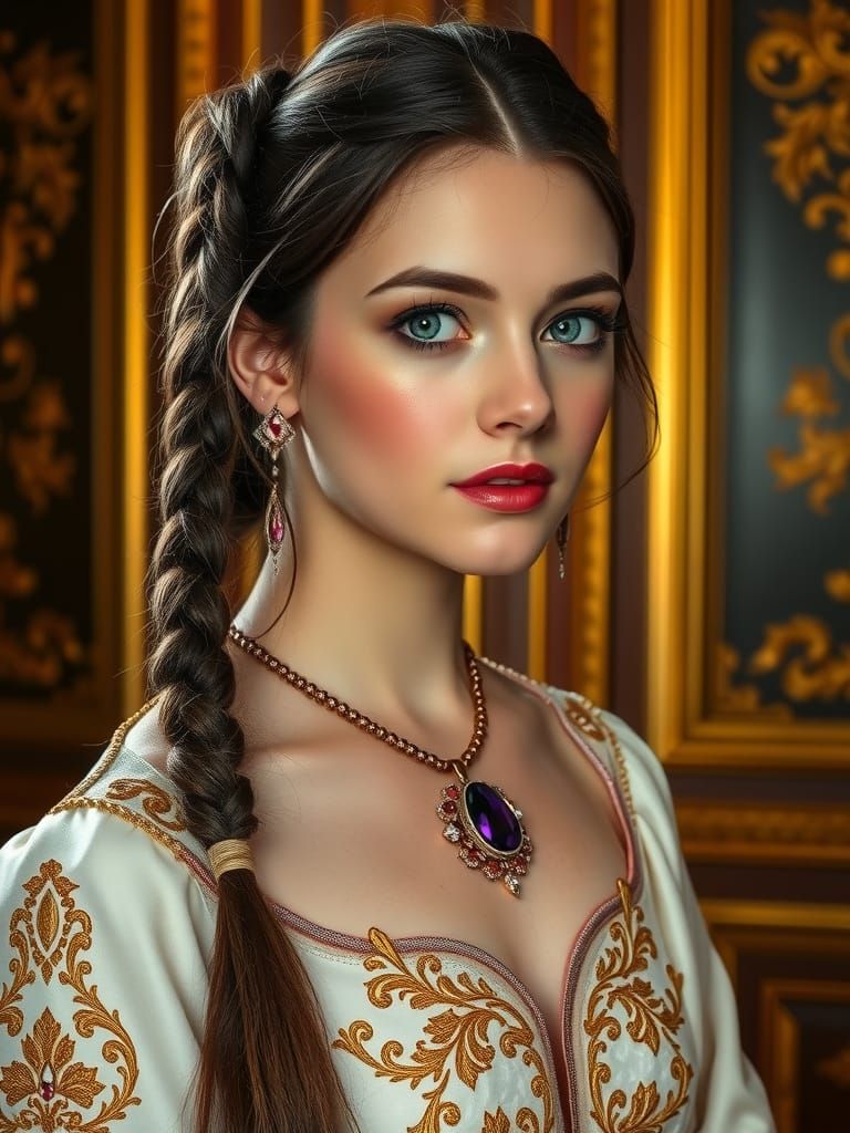 Woman in Gown with Gold Accents, Art Nouveau Style