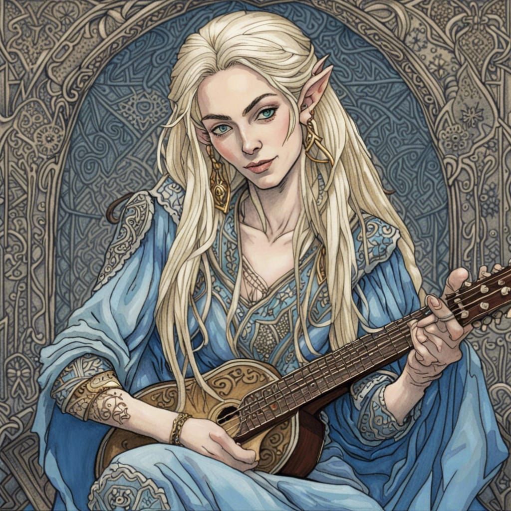 Portrait of a Beautiful Elven Bard with Guitar