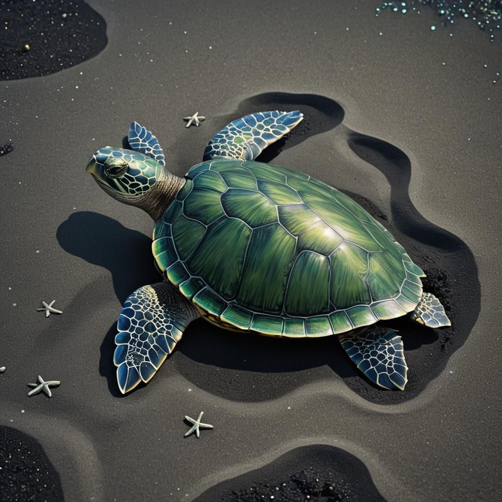 Green Turtle Shimmers in Starry Fantasy Landscape