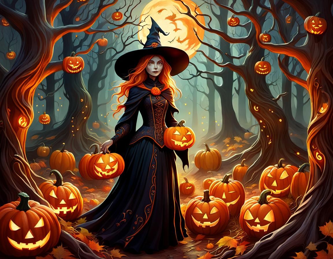 Witch in Spooky Forest with Jack-o-Lanterns