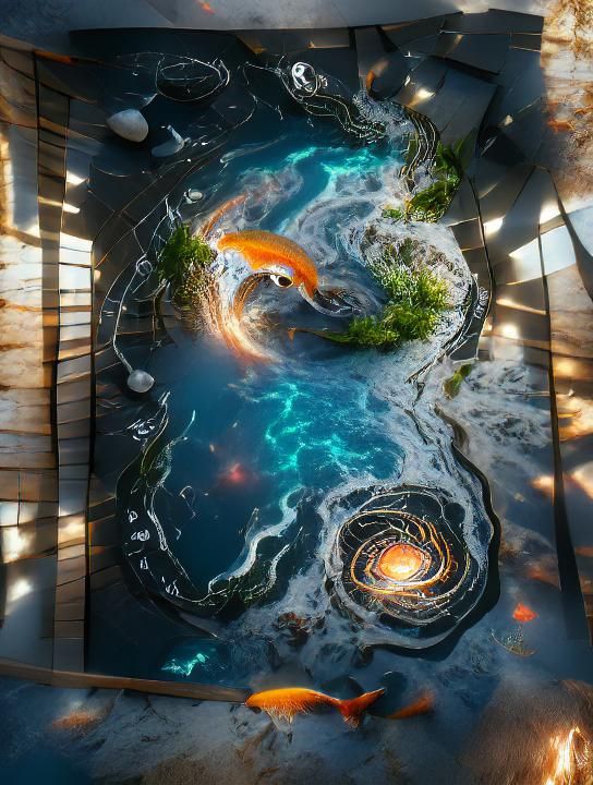 Bass Pro Koi Pond in a cosmic orbit, cryengine, universal god rays trending on Artstation Unreal Engine matte painting d...