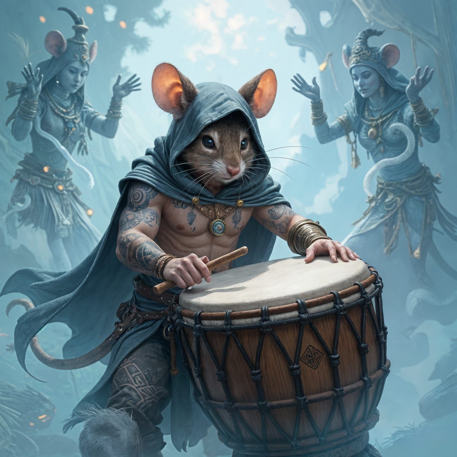 Anthropomorphic Mouse Shamanic Drum Dance in Ethereal Mist