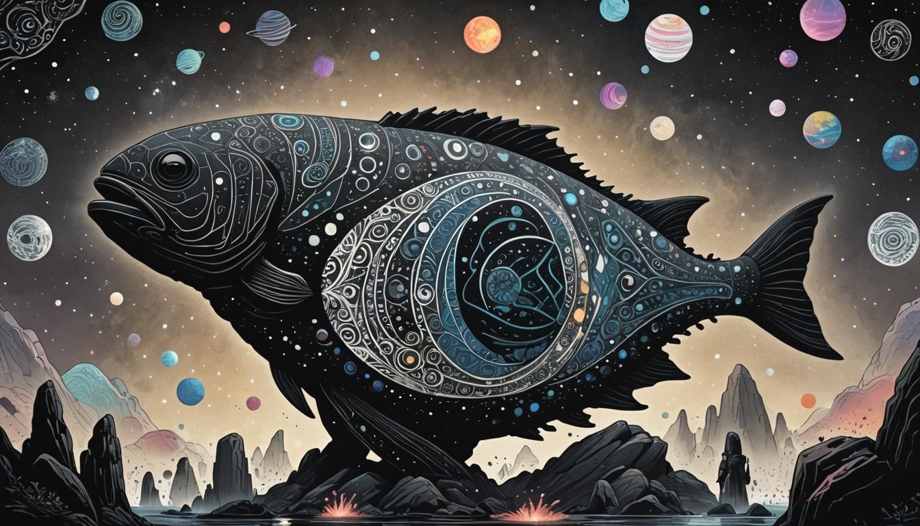 Megalithic Fish Statue in Alien Exoplanet Setting