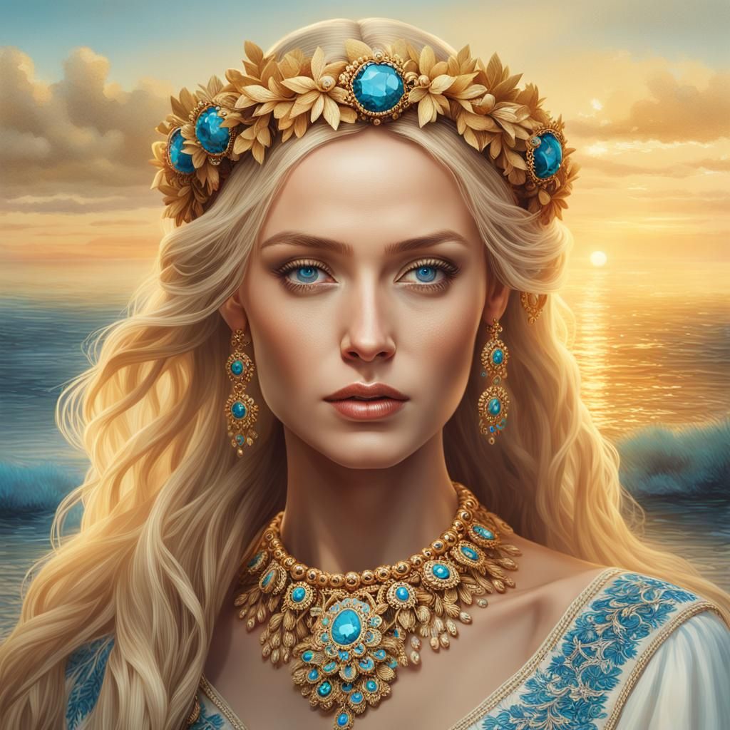 Russian Beauty in Slavic Attire, Digital Art