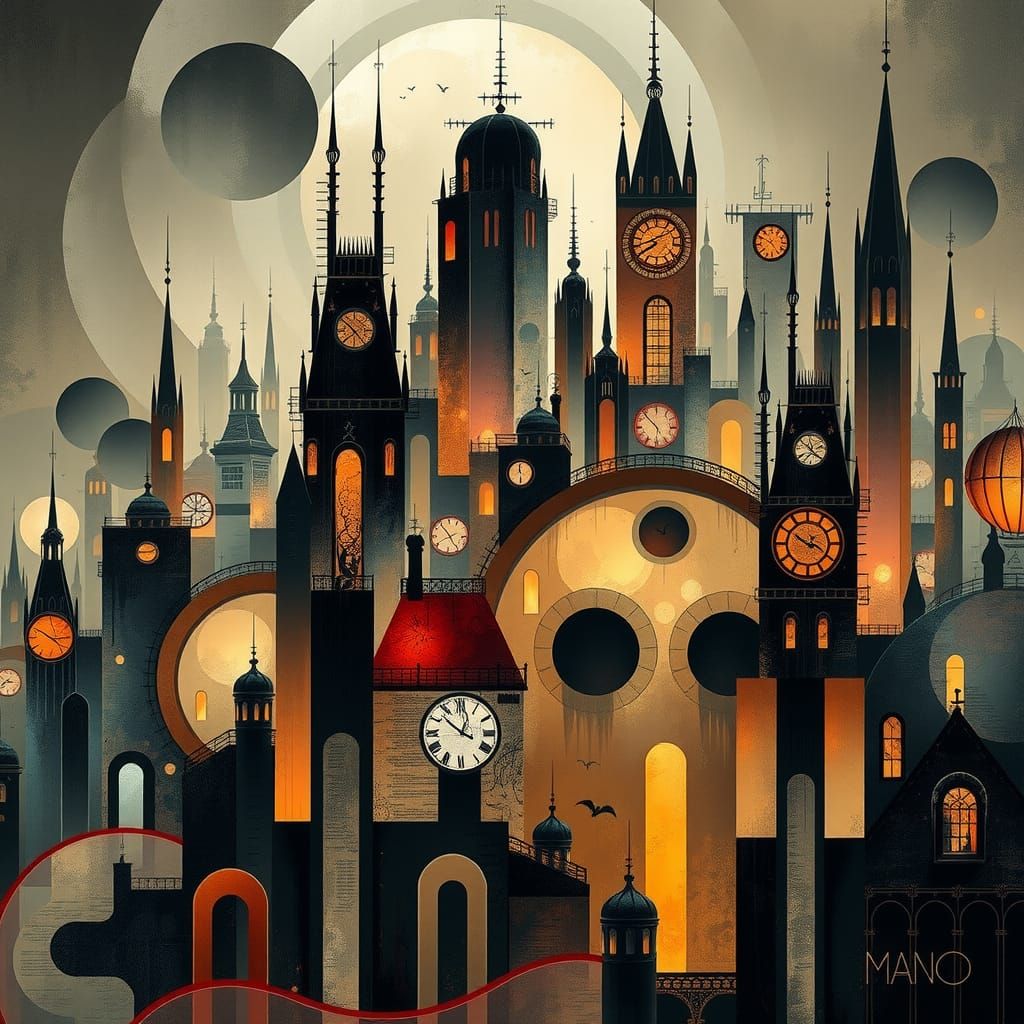 Abstract Gothic Steampunk Cityscape in Muted Colors