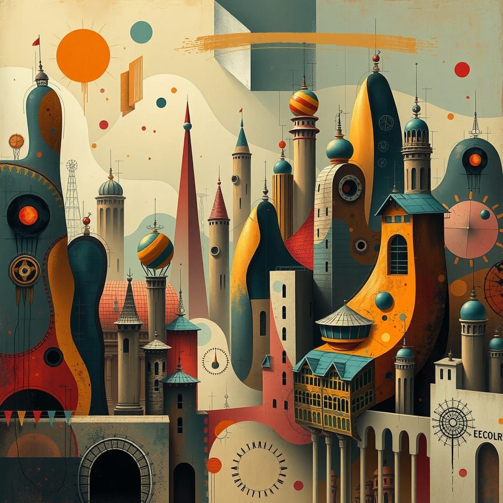 Abstract Steampunk Cityscape with Fluid Forms