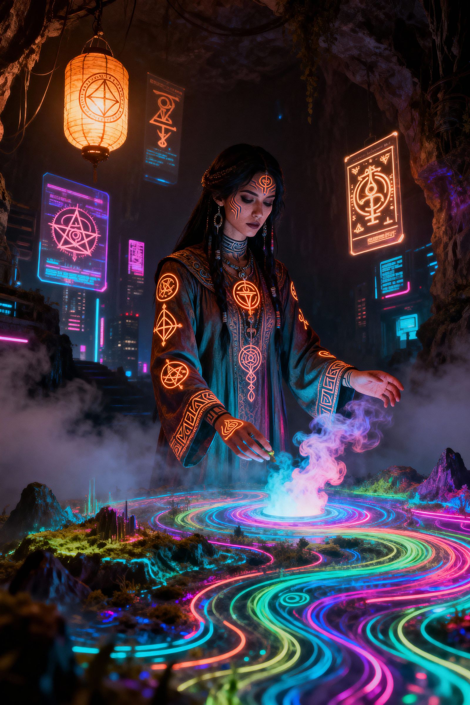 Ethereal Voodoo Priestess in Cyberpunk City Ritual