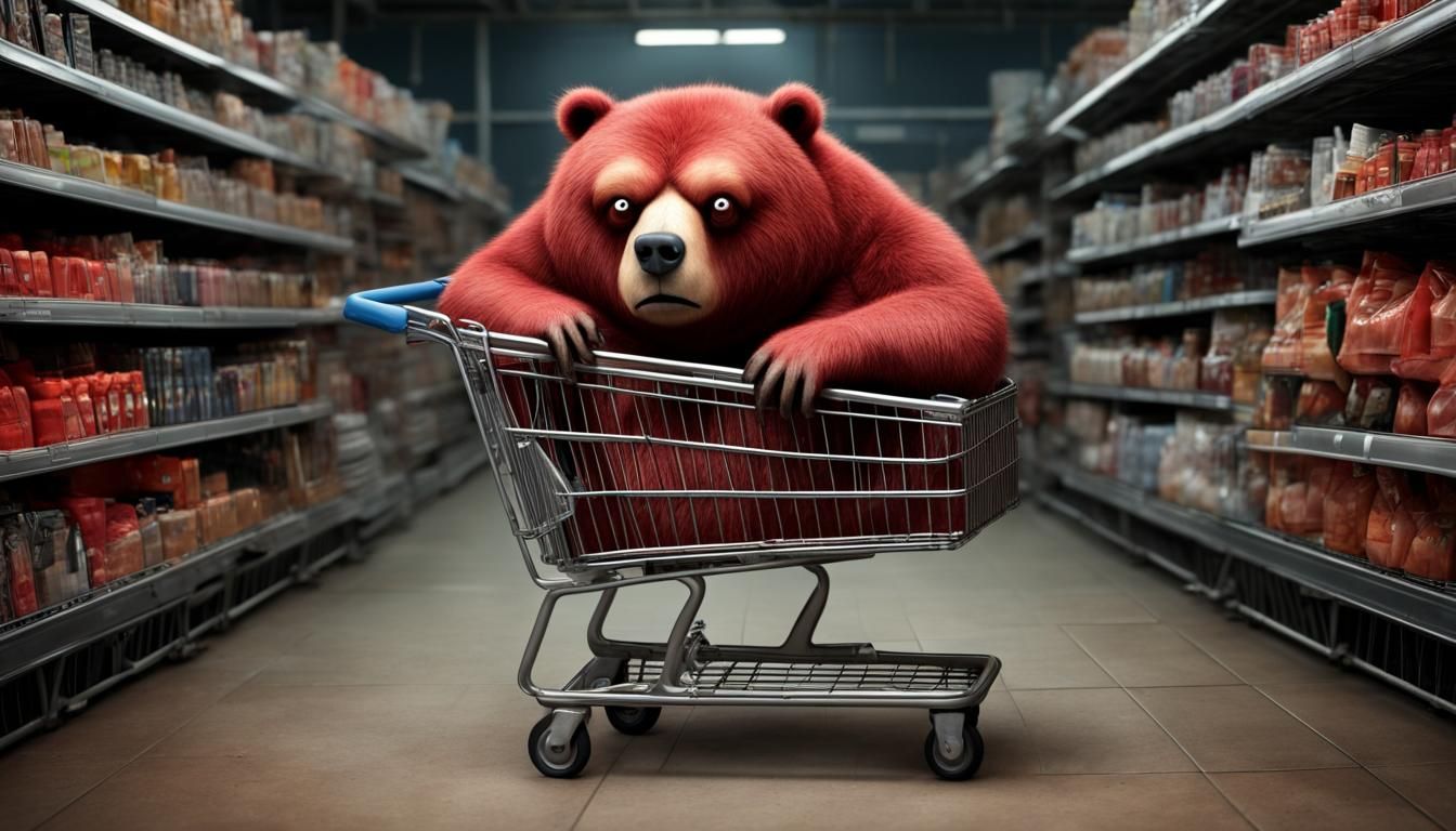 Surreal Storybook Bear Awakens in Shopping Cart