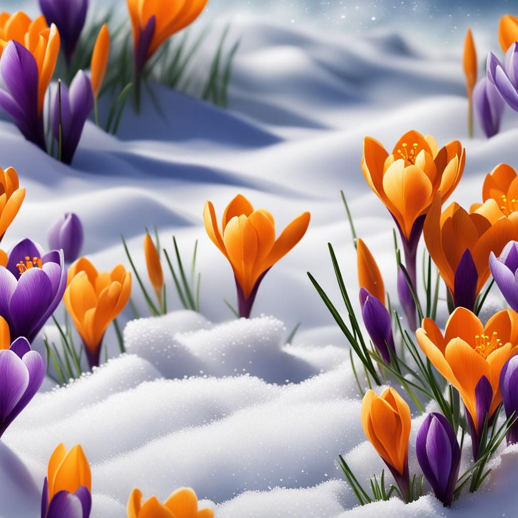 Crocus Flowers Poking Through Snow in Hyperrealistic Style