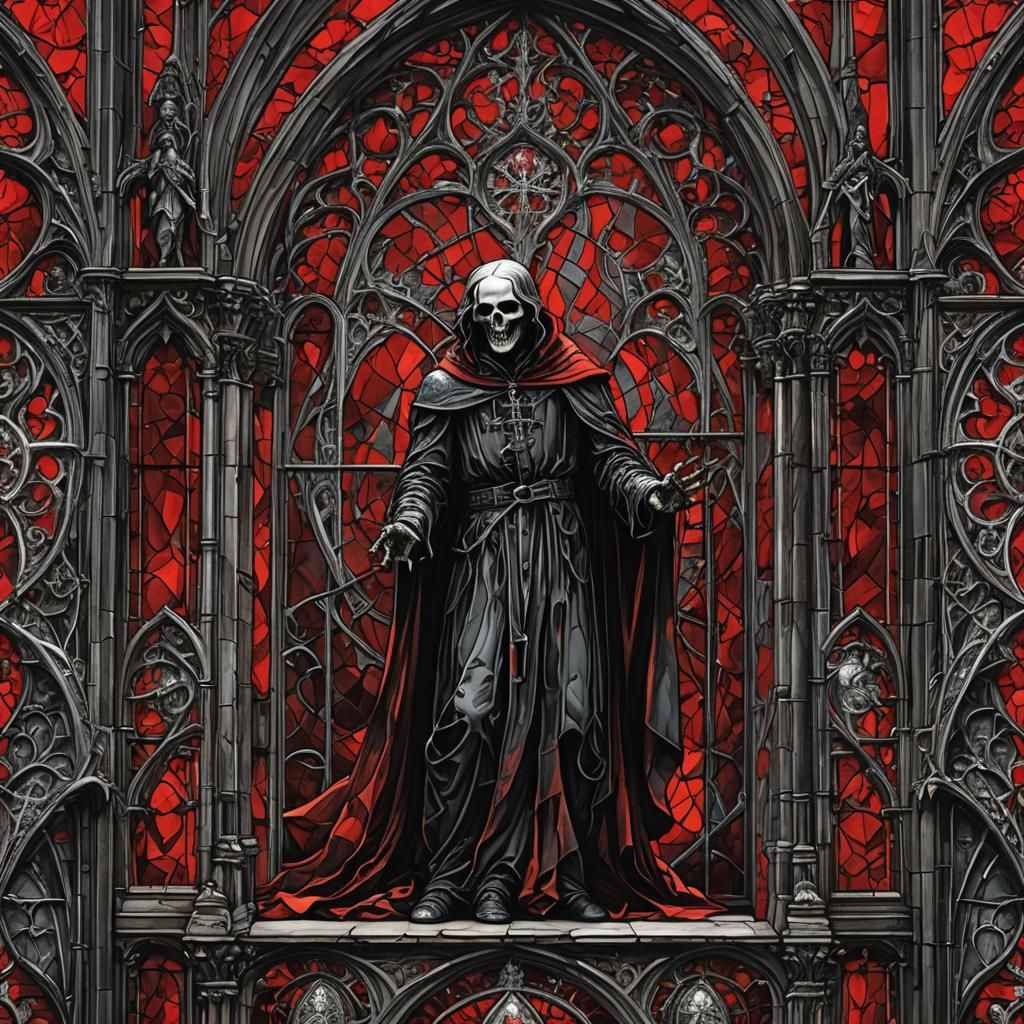 Gothic Horror Stained Glass Window in Red and Black