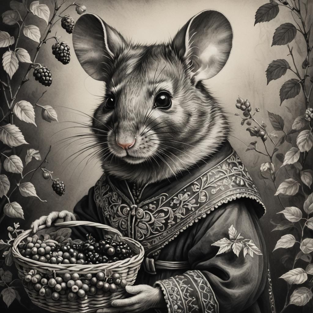 Mouse in Russian Folk Costume: Charcoal Drawing