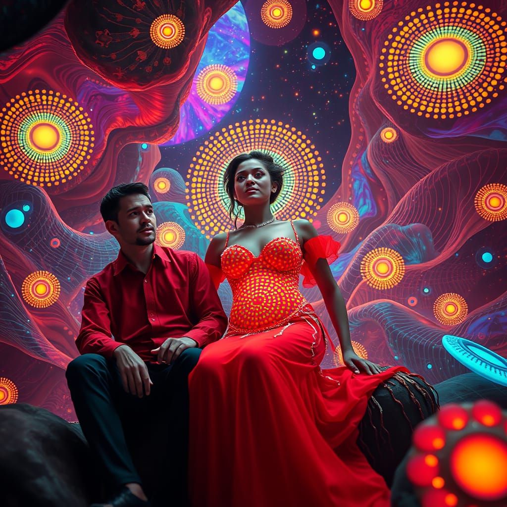 Surreal Utopia with Space Belly Dancer, Vivid Oil Painting