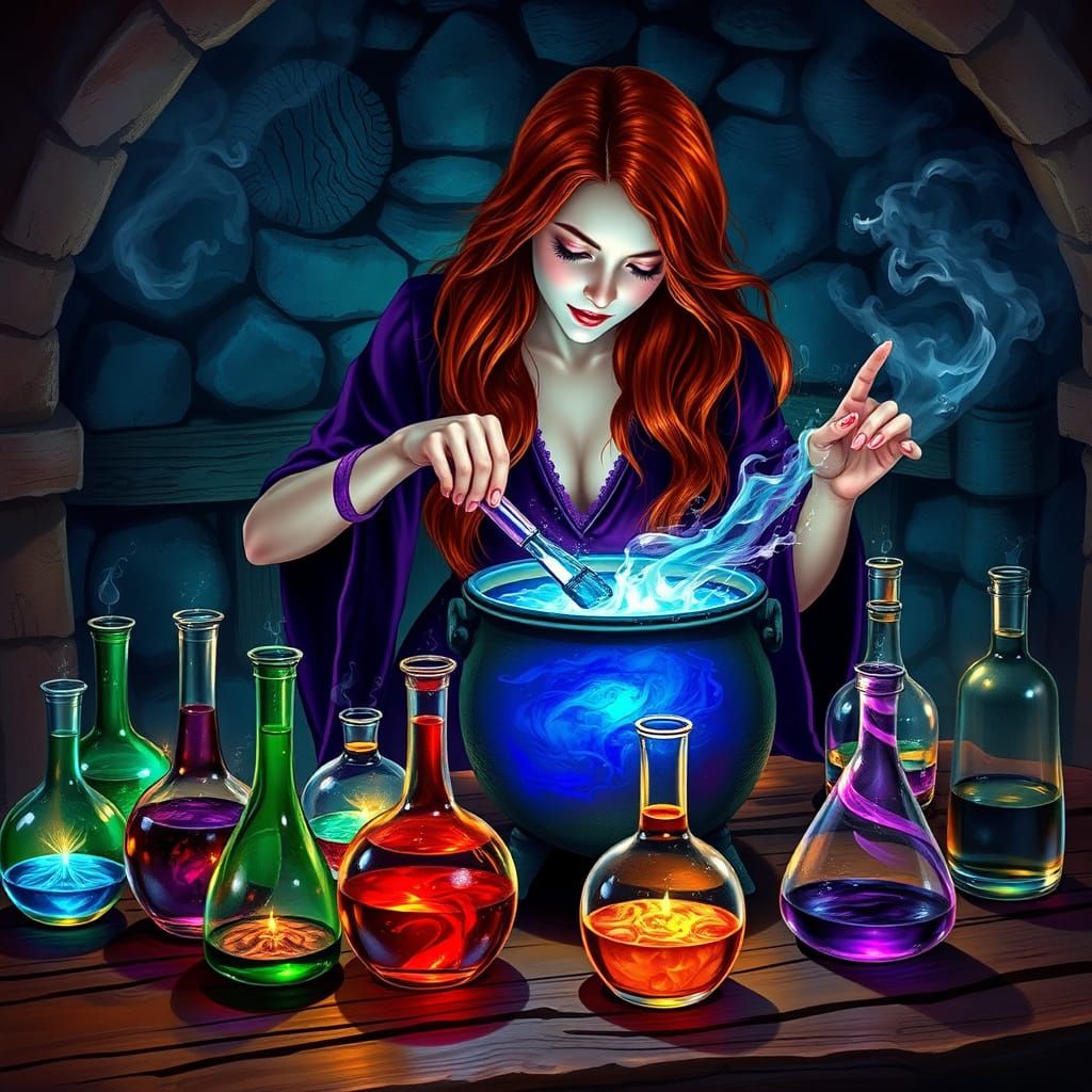 Beautiful Witch Creates Colorful Potions in Ethereal Glow