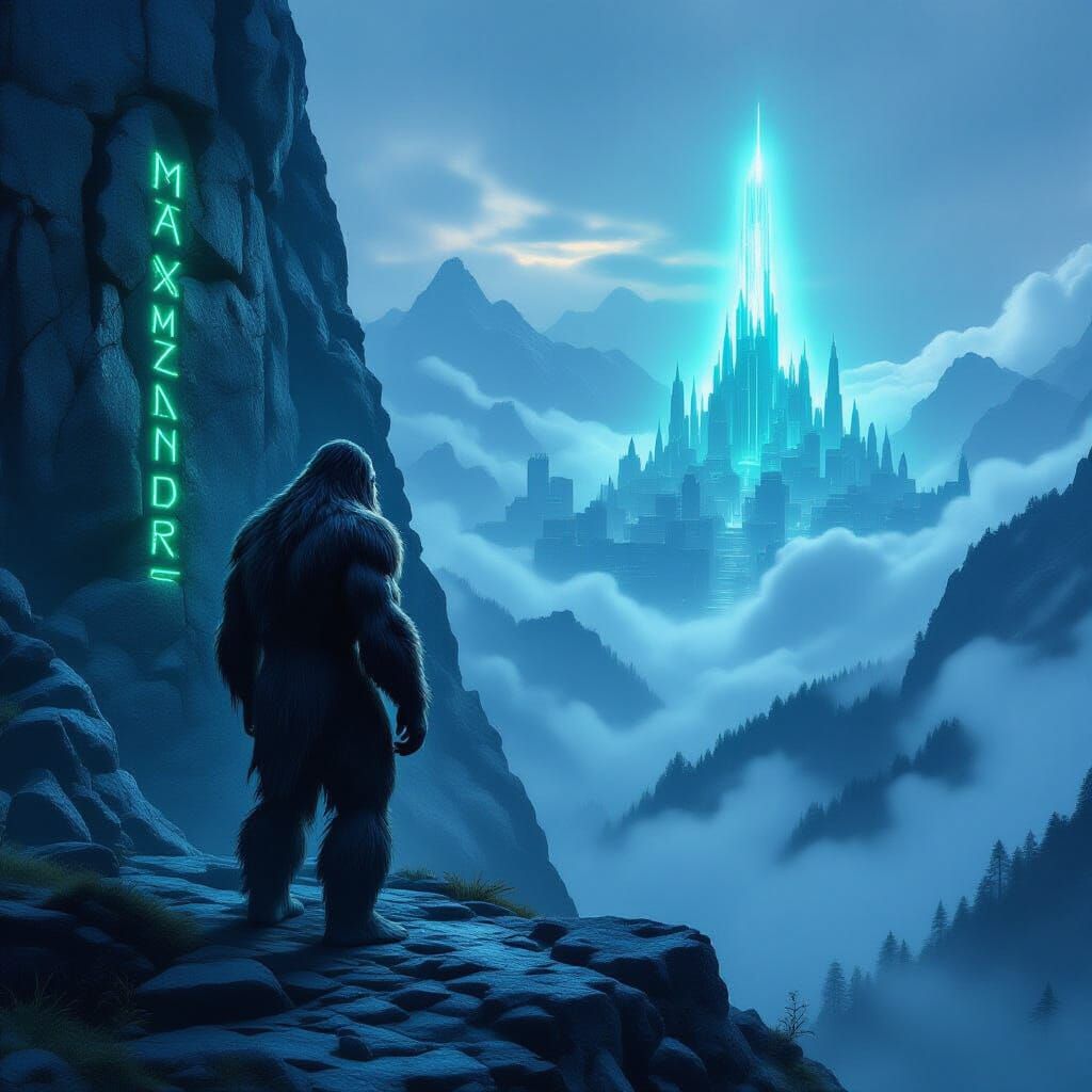 Bigfoot Gazes At Alien City on Misty Mountain Peak