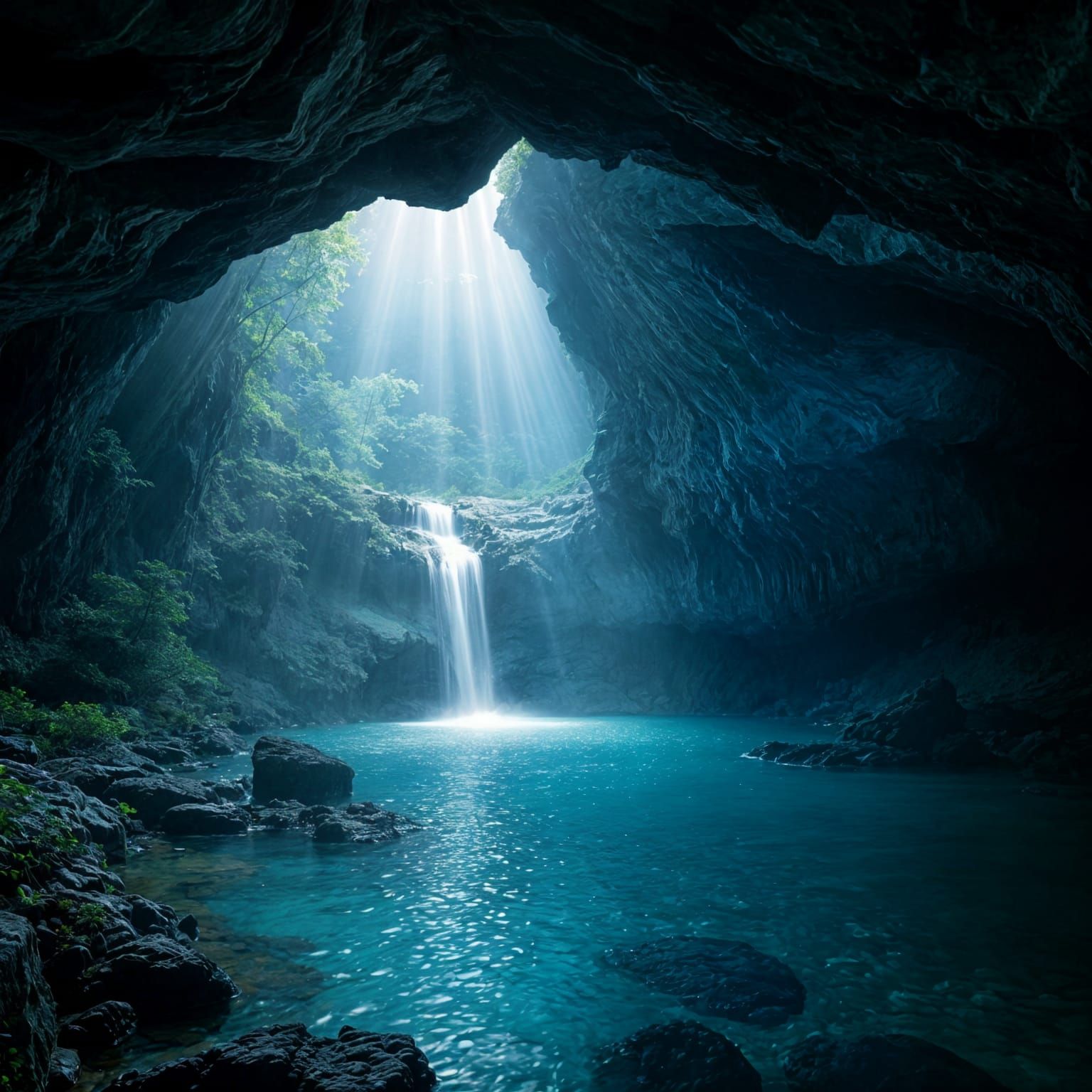 Mystical Cavern Night Scene in Blues and Greens
