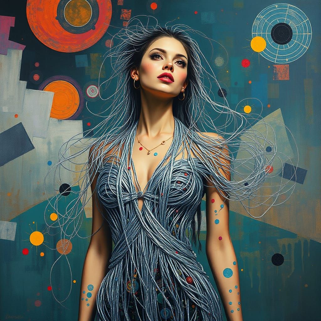 Woman in Silver String Dress: Modern Art Portrait