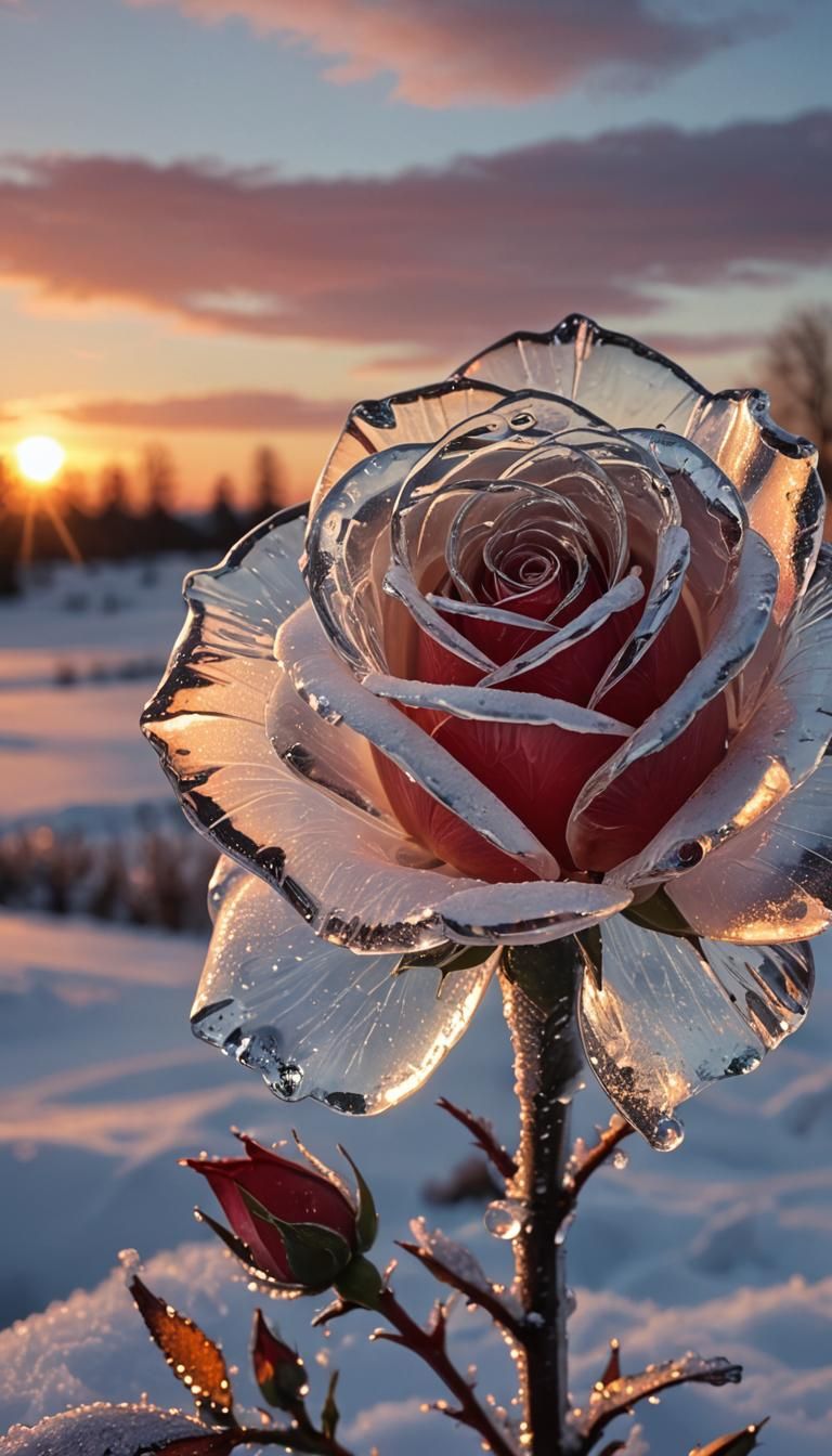 Glass Rose Against Snowy Sunset