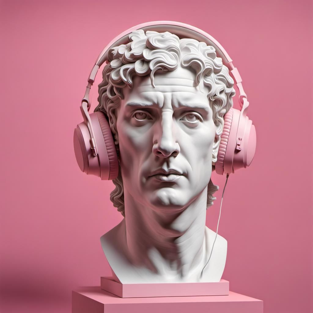 David Bust with Headphones: Hyperrealistic Pink Masterpiece