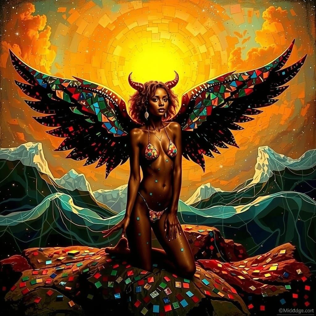 Iridescent Mosaic Woman in Starry Night Sky