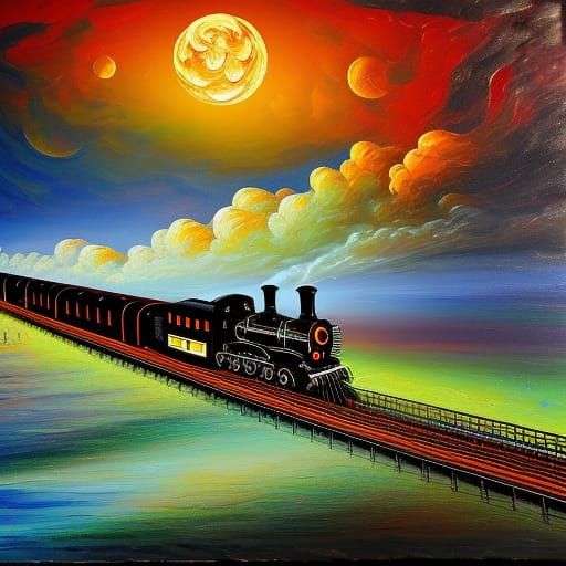 Steam Engine Train by River in Impasto Oil Painting