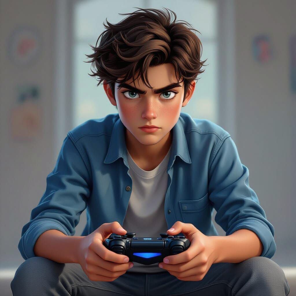 Teenage Boy Playing Video Games in Detailed Matte Painting S...