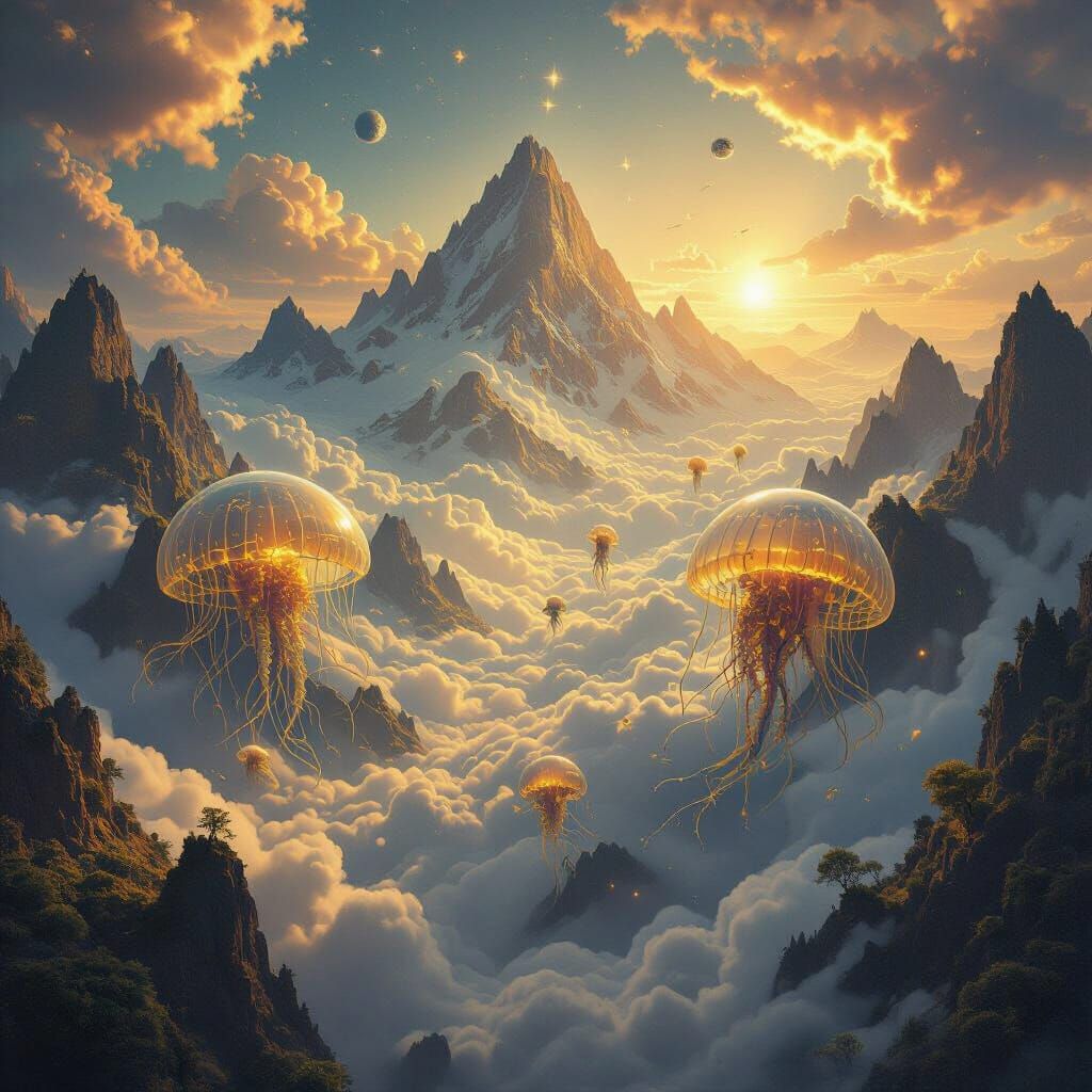 Surreal Inverted Landscape with Floating Mountains and Hybri...