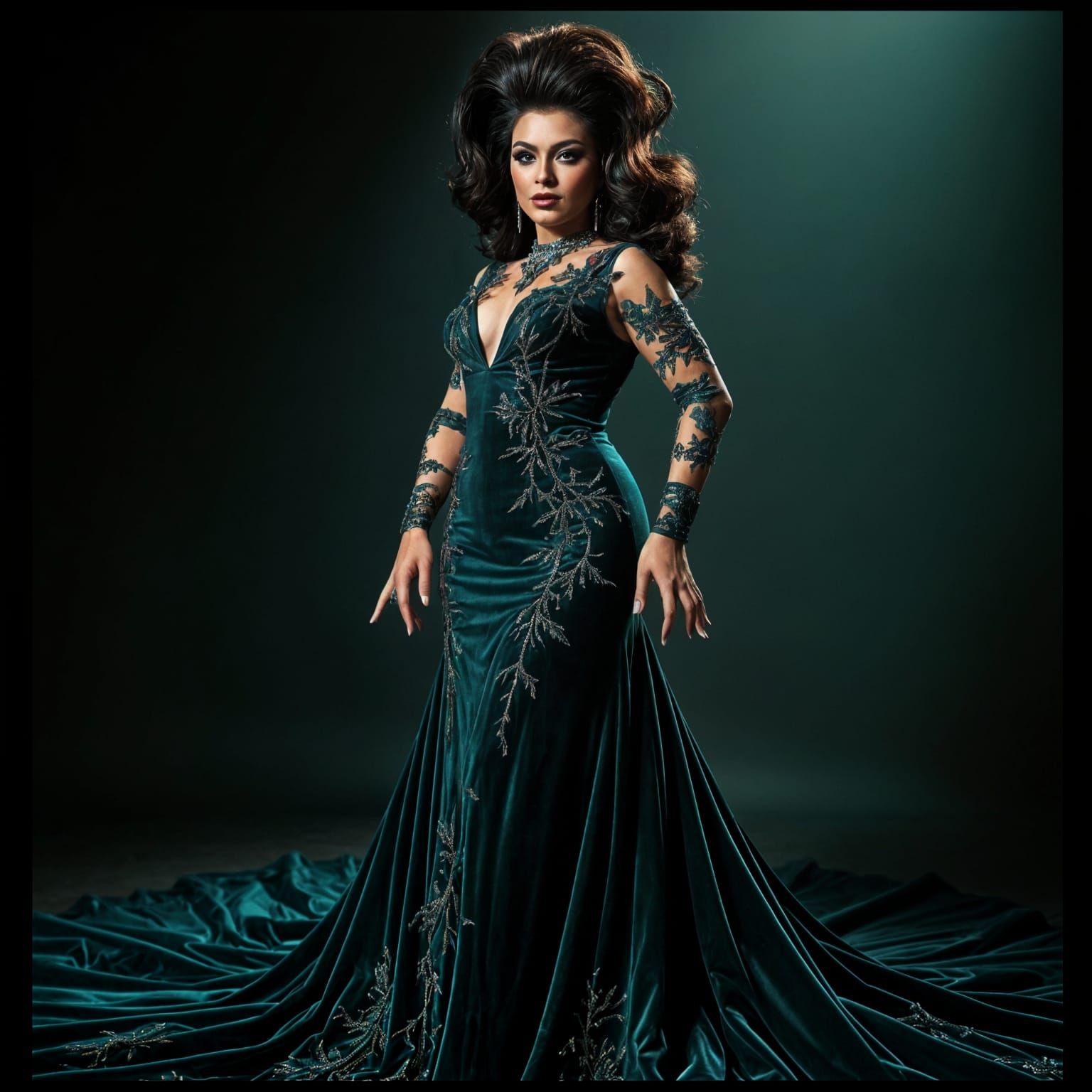 Dramatic Drag Queen in Teal Velvet Gown