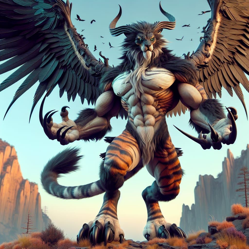 Fantasy Tiger with Wings on Rocky Hill
