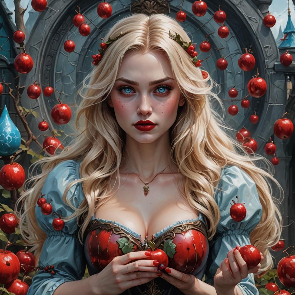 Long haired blonde with bright ice blue eyes and candy apple red lips with an evil smirk