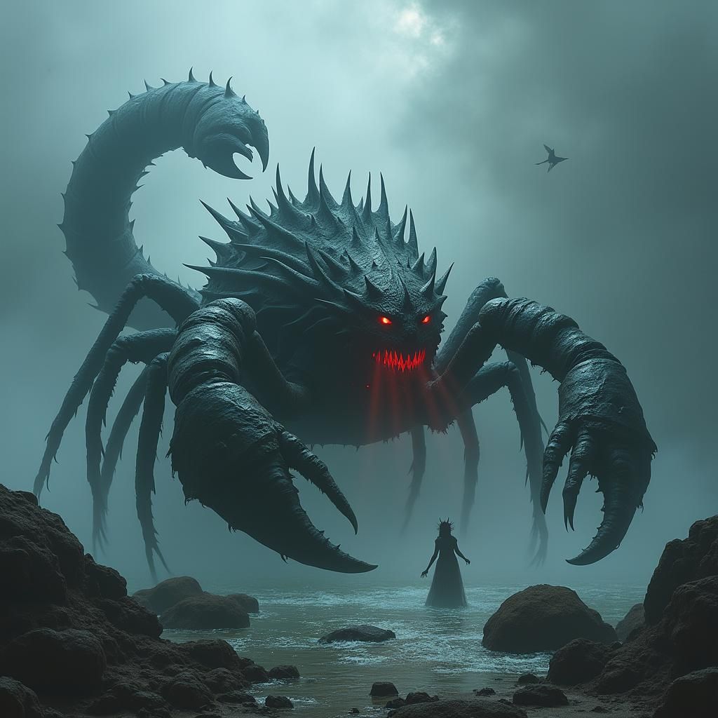Dark Fantasy Scorpion-Crab Hybrid Arising from Stormy Swamp
