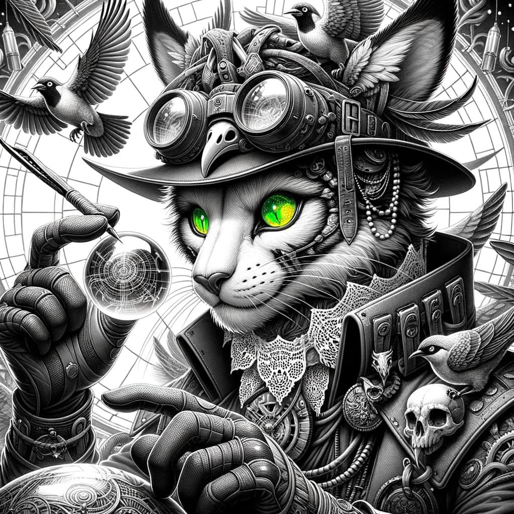 Monochromatic Feline Mystic Unveils Crystal Ball Secrets