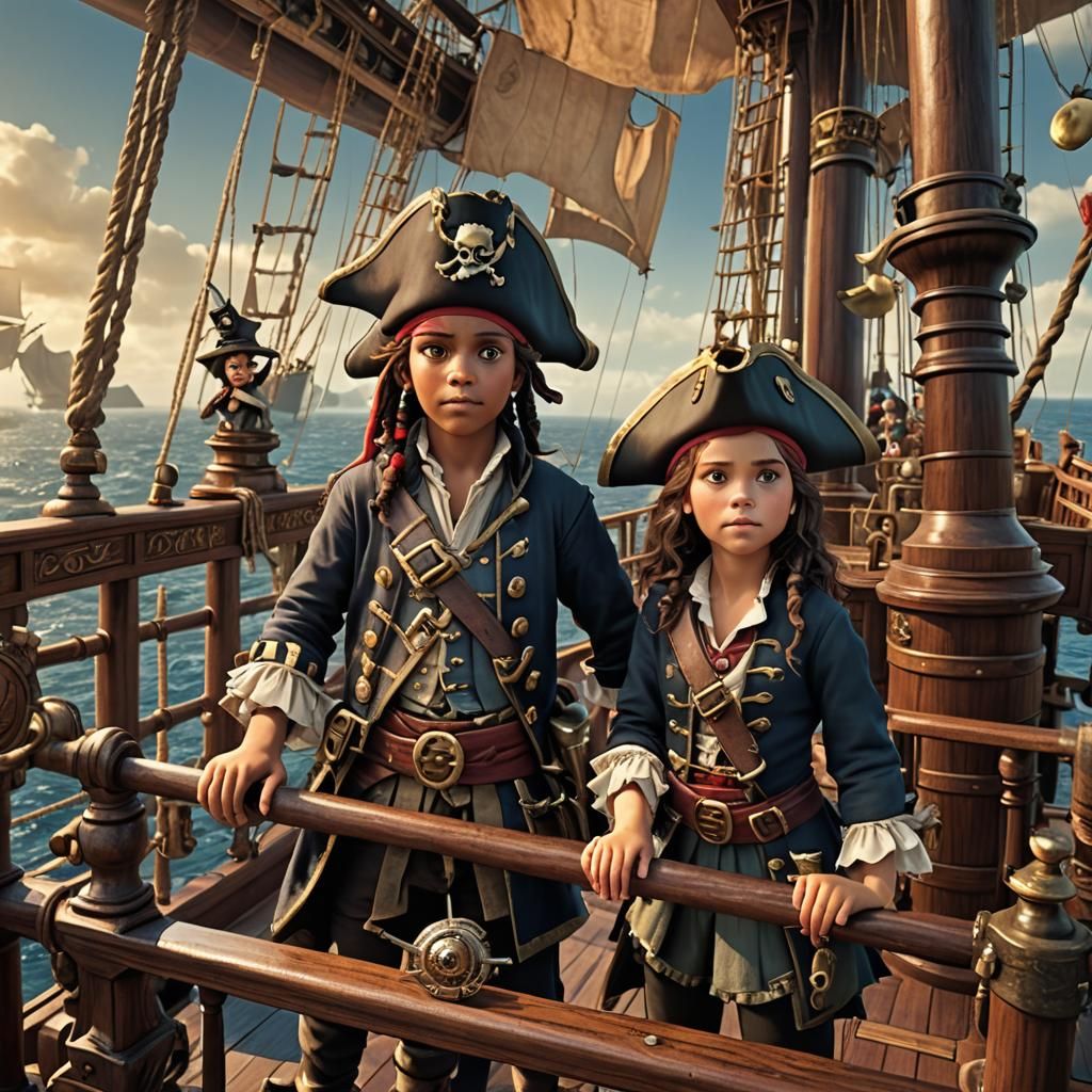 A brother and sister duo dressed as pirates, standing on the...
