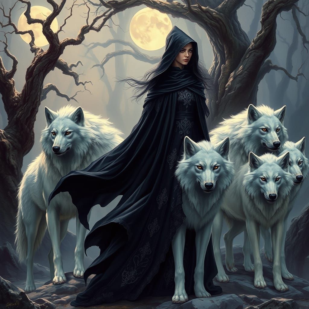 Mystical Witch Surrounded by Majestic White and Grey Wolves ...