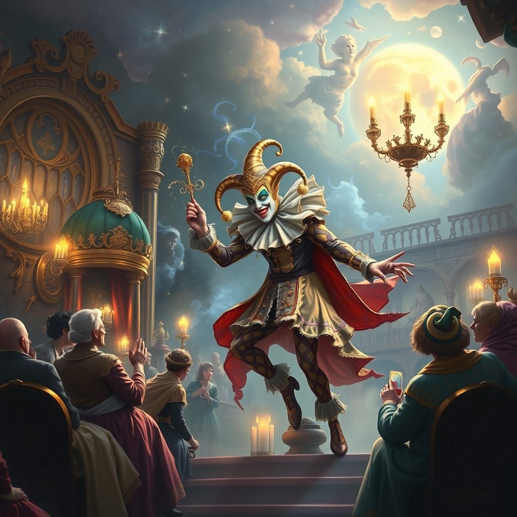 Cosmic Jester Enchants Royal Court in Whimsical Fantasy Scen...