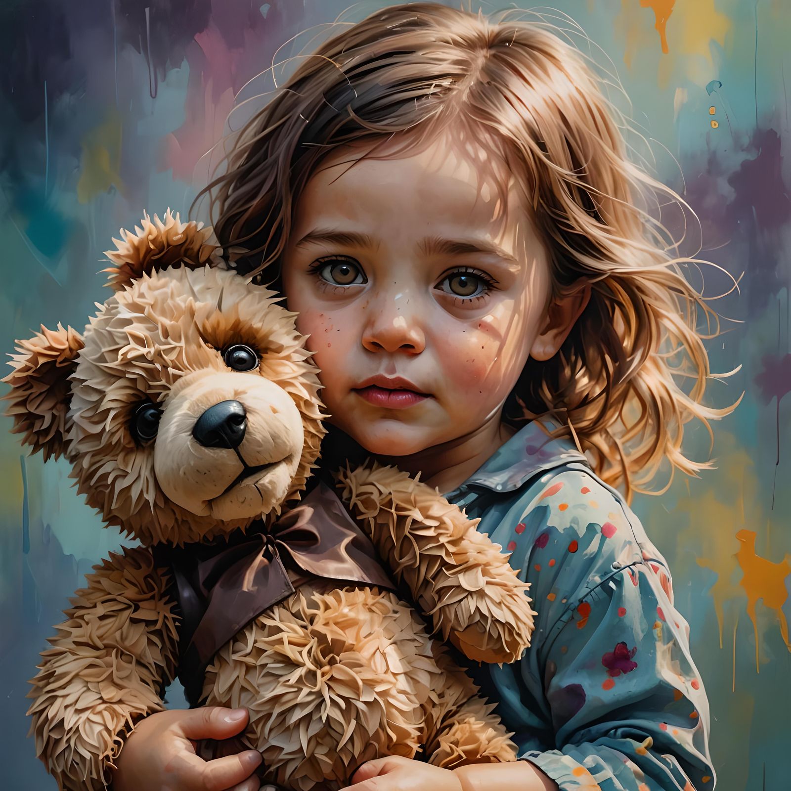 Hazel-Eyed Toddler with Teddy Bear: Hyperrealistic Portrait