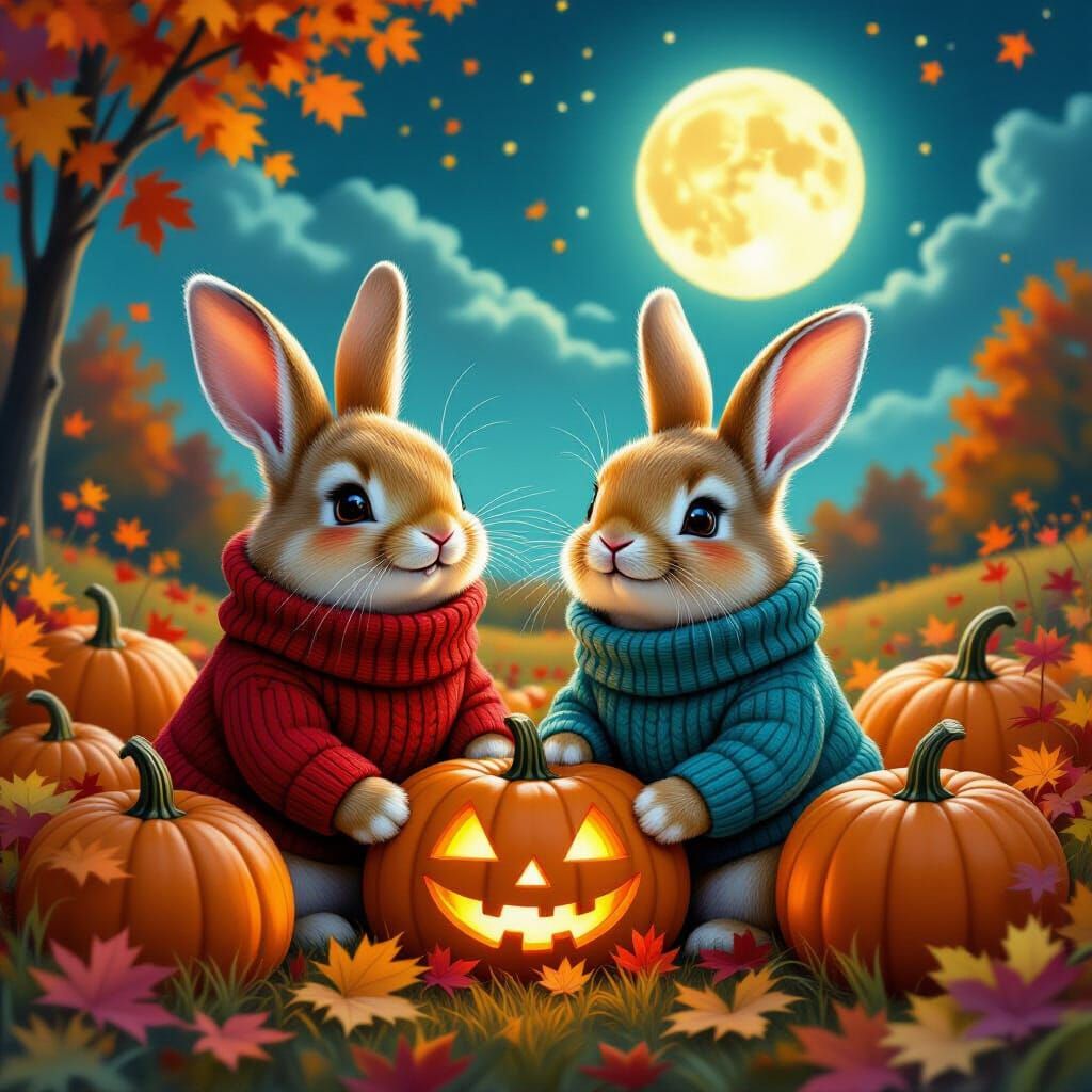 Two cute rabbits sit among pumpkins on Halloween. One has a ...