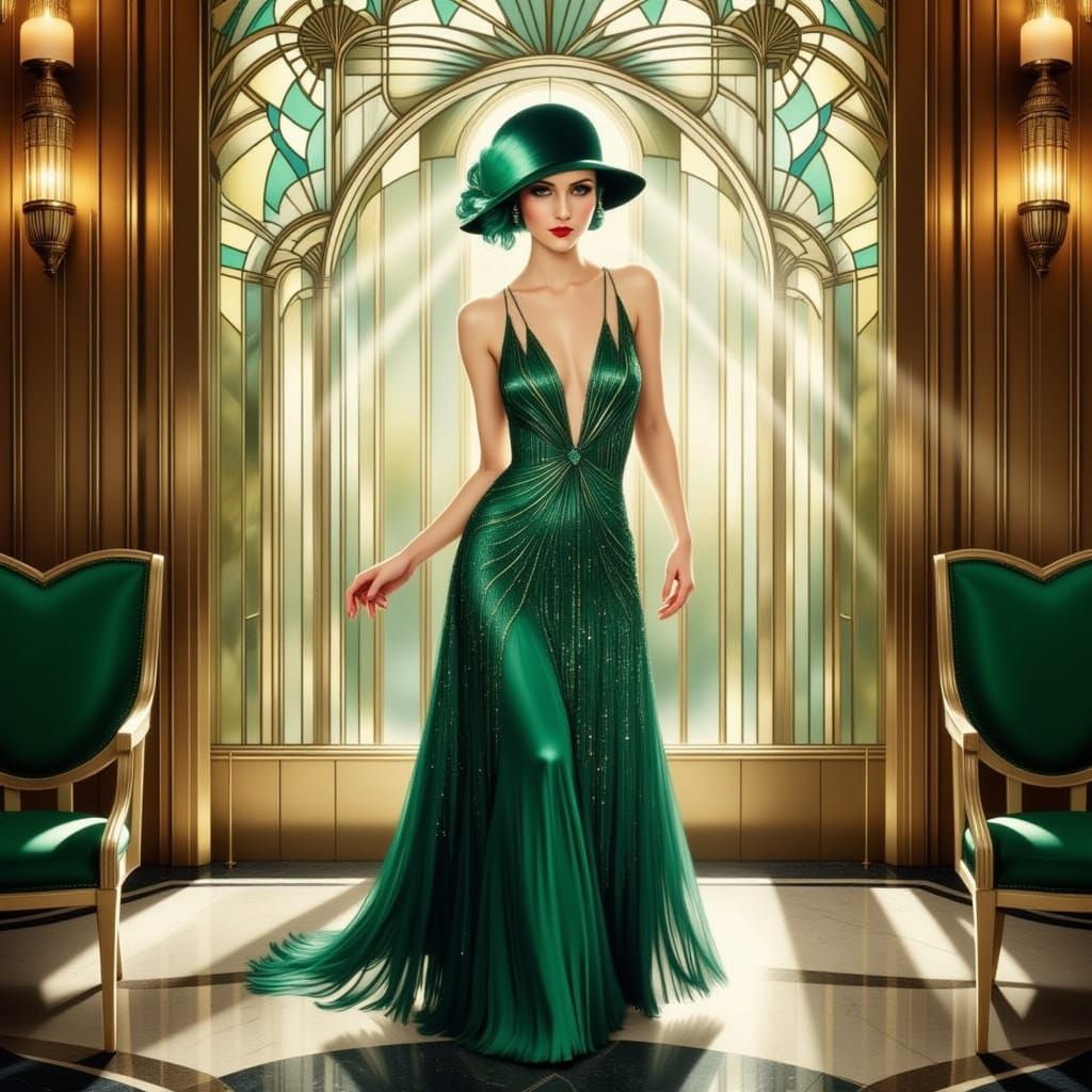 Art Deco Beauty in Emerald Lace Gown