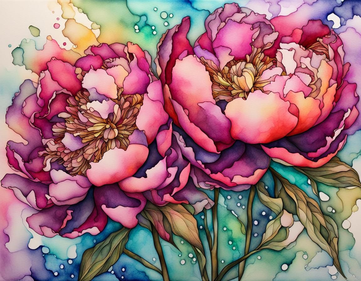 Colorful Peonies in Watercolor and Ink Style