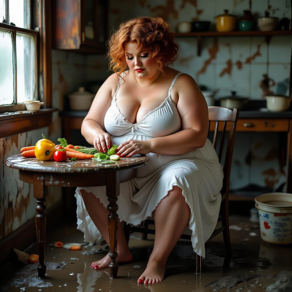 Elegant Woman Peeling Vegetables: Cinematic Realism
