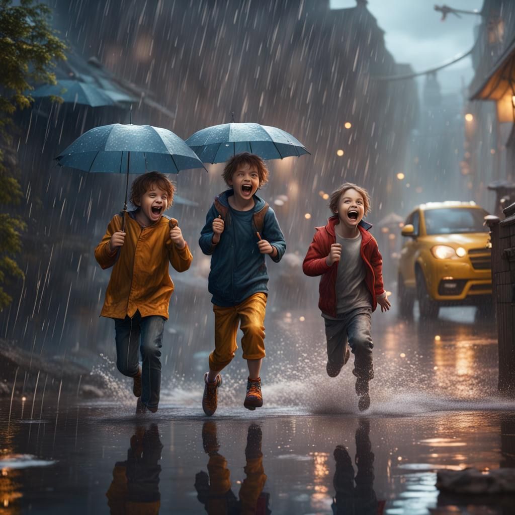 Joyous Kids Playing in Rain: Detailed Matte Painting