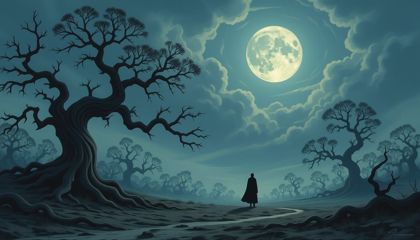 Eerie Moonlit Landscape with Lone Figure in Digital Matte Pa...